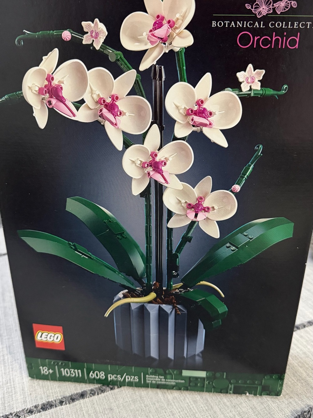 Lego Orchid Display in White and Pink with Green Leaves